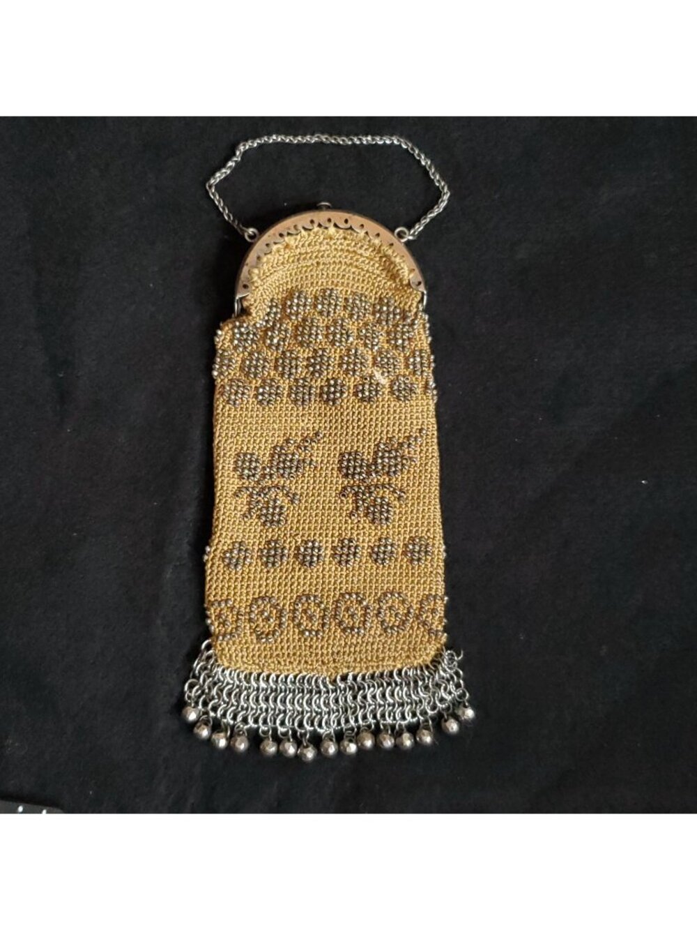 Vintage Beaded Coin Purse Brown Crochet Silver Tone 2"X5"